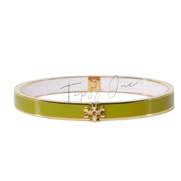 Tory Burch Jewelry - TORY BURCH KIRA ENAMEL 7MM HINGE BANGLE BRACELET IN GREEN & GOLD